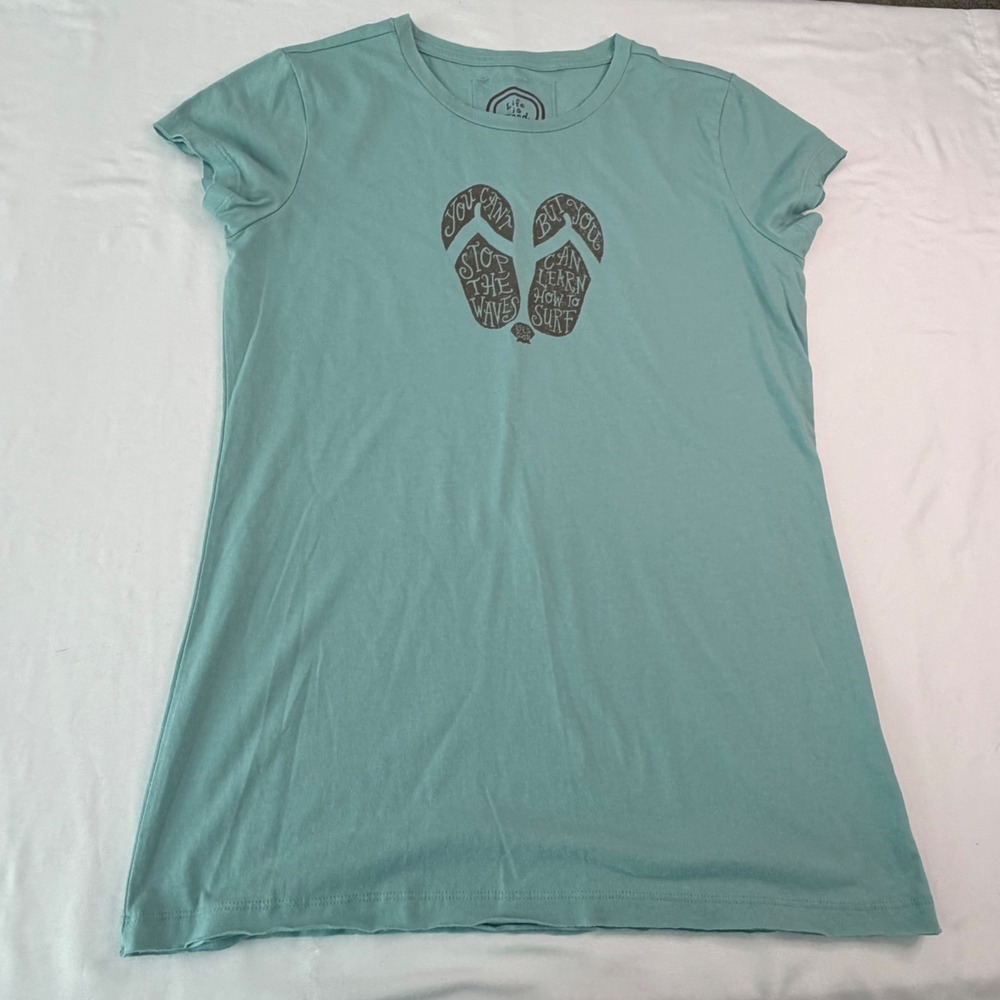 Life is Good Womens Short Sleeve Graphic Tee Teal Blue Surf Flip Flops Medium